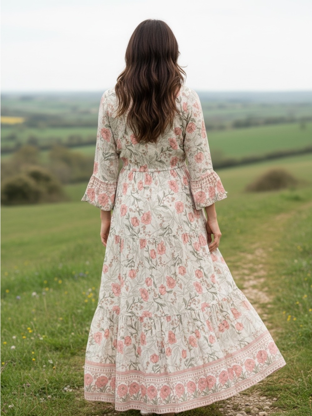 FLAW-SVF Boho Floral Tiered Maxi Dress Cowrie Shell V- Neck Size L / UK 12/US 8 - Picture 2 of 10